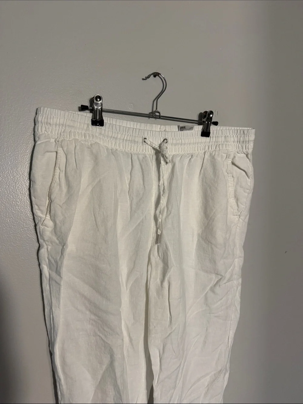 H&M White Cropped Drawstring Linen-Blend Pants